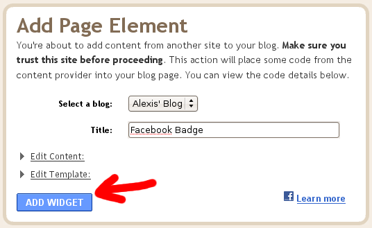 Blogspot screenshot showing the Add Widget button when adding Facebook on your blog.