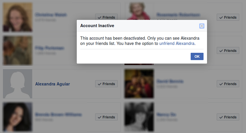 Screenshot of the popup dialog that appears when a friend's account is deactivated and you click on their name.