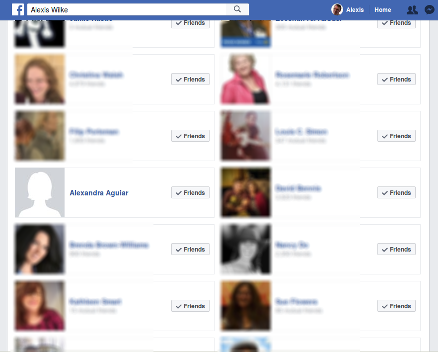 Screenshot of my Friend's list with one who either blocked me or closed here Facebook account.