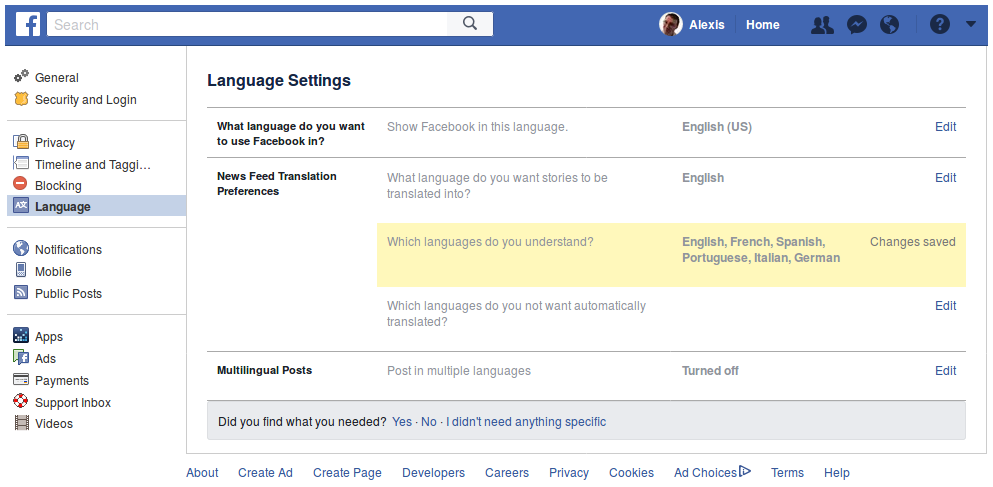 Screenshot of the Facebook language settings
