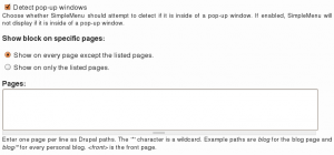 The SimpleMenu pop-up and pages settings.