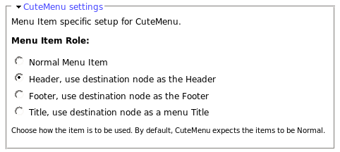 CuteMenu settings in Drupal menu item editor
