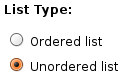 List type selection from the Table of Contents Drupal module.