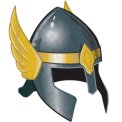 The Turn Watcher Helmet with wings on the side and a gold medallion on the front.